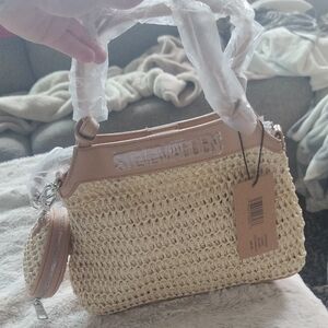Tan Woven Shoulder Bag with Leather Accents